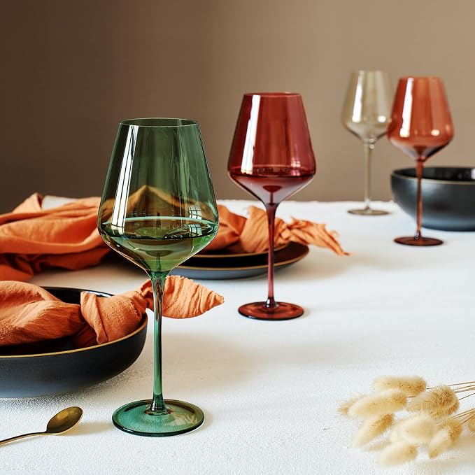 Colored Crystal Wine Glasses Set of 6, Gift Wife, Her, Mom, Friend - Large 18.5oz Glass, Italian Style Tall Stemmed Drinkware, Long Stem Wines, Dinner, Color Beautiful Glassware, Luxury, Hand-Blown