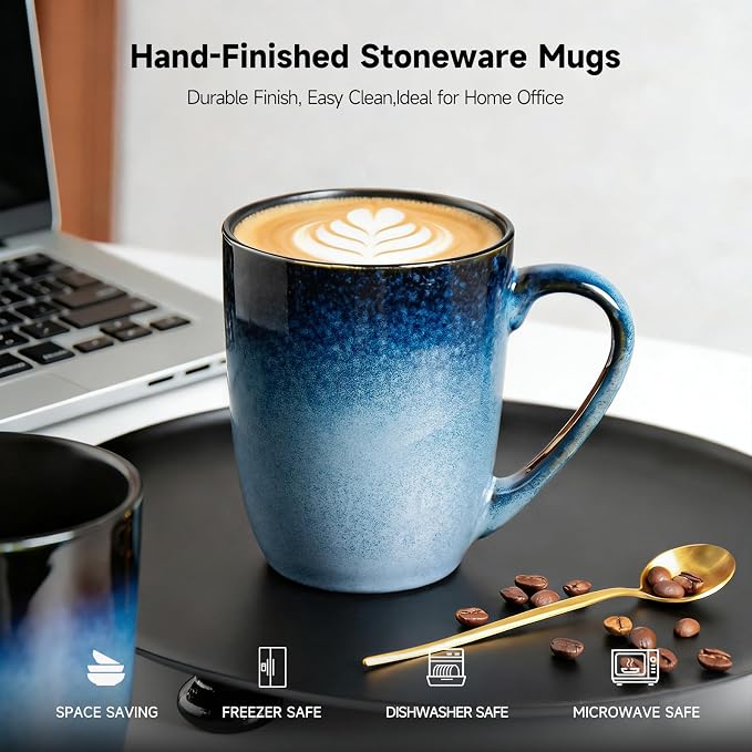 MONITO Large Ceramic Coffee Mugs Set with Handle for Tea/Latte/Cappuccino/Milk/Cocoa, Ice-Snow Blue 14oz, Set of 6, Funny Tea Cups for Office and Home