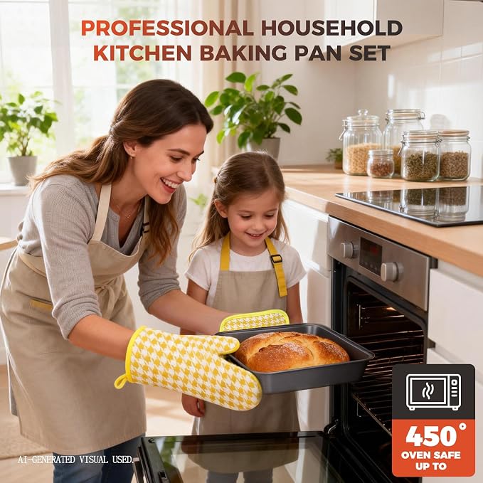 8-Piece Baking Pans Set, Non-stick Bakeware Sets Non-Toxic Baking Sheet Sets for Cooking, Include Round＆Square Cake Pan,Bread Pan,Muffin Pan, Cookie Sheet,Cooling Rack,with Baking Glove,Black