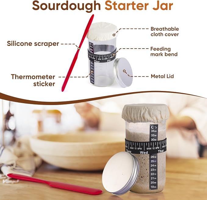 Sourdough Starter Kit with Round 9" & Oval 10" Banneton Bread Proofing Baskets, Starter Jar, Dough Whisk, Scraper & Bread Sling, Complete Sourdough Bread Baking Supplies Gift Set for Home Bakers