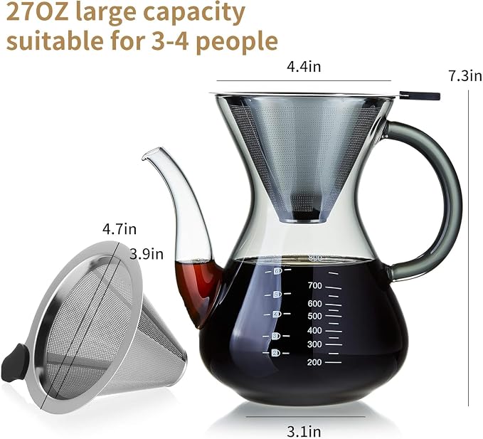 Unbreakable - Pour Over Coffee Maker with Double Stainless Filter 27 fl oz, Thickened Heat-Resistant Borosilicate Glass Pour Over Coffee Dripper, Stovetop Safe