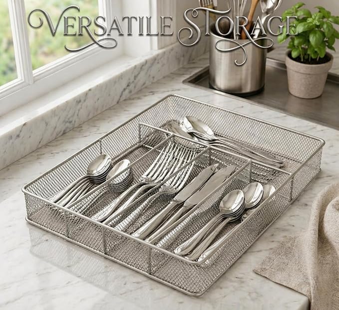 YBM Home Metal Silverware Organizer for In-Drawer Cutlery Storage, 5 Compartment Mesh Cutlery Flatware Tray Sorts Kitchen Utensils, Great for Office Supplies 1133s