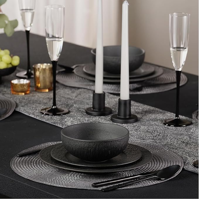 KINGSTONE Dinnerware Sets, 24-Piece Premium Porcelain dishes set, Matte Marble Pattern Plates and Bowls Sets for 8, Place Setting with Dinner Plate, Salad Plate, Pasta Bowl (Black)