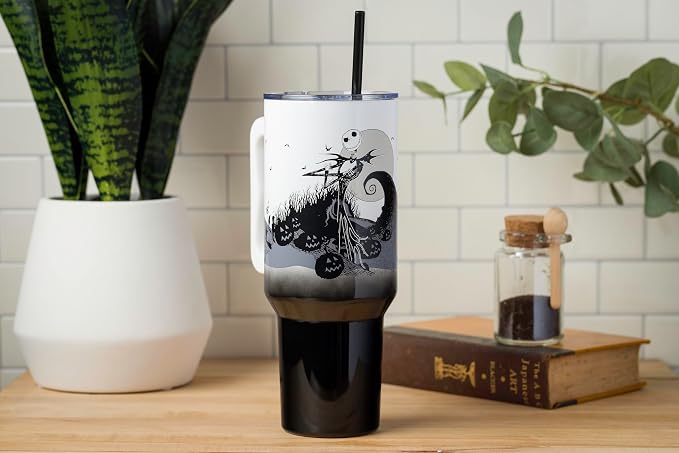 Silver Buffalo Disney Nightmare Before Christmas by Tim Burton Jack Skellington Hill and Moon Double Walled Stainless Steel Tumbler with Handle and Straw, Fits in Standard Cup Holder, 40 Ounces