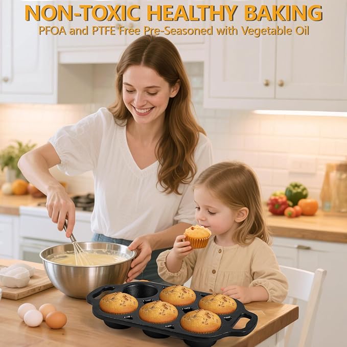 6 Cup Cast Iron Muffin Pan - Pre-Seasoned Nonstick Muffin Tin, Regular Size Cupcake Baking Pan
