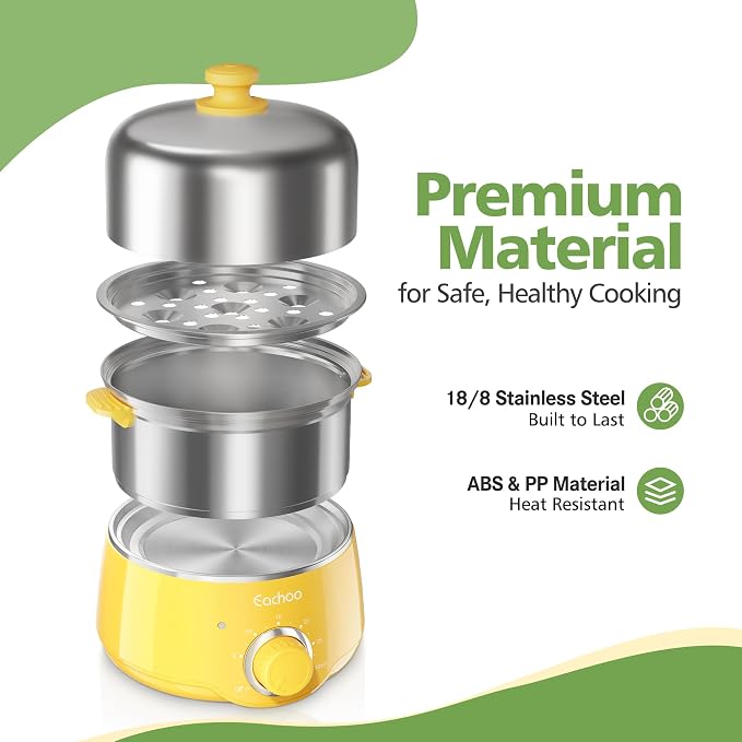 CACHOO Hard Boiled Egg Cooker, Stainless Steel Egg Boiler with 30-Min Timer | 14 Eggs, Auto Shut Off & Dishwasher Safe, Compact Electric Vegetable Steamer for Cooking, Yellow