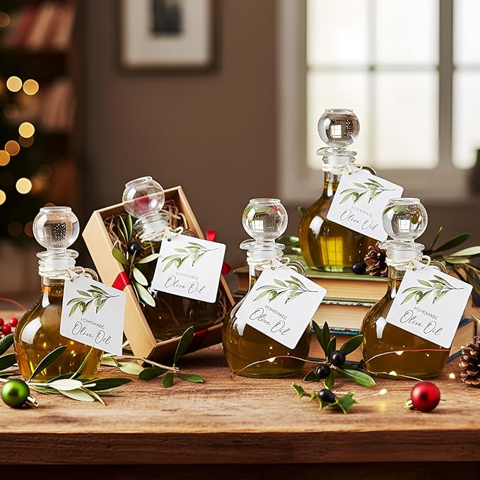 Vesici 20 Set Olive Oil Glass Bottle with Stopper Mini Oil Cruet Dispenser with Label Vinegar Bottle with Spout for Kitchen Salad Dressing Syrup Container for Wedding Baby Shower Party Favors(3.5 Oz)