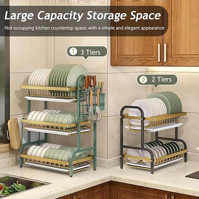 2/3 Tier Kitchen Counter Dish Drying Rack, Carbon Steel Dish Strainers with Drain Tray,Chopsticks Rack,Knife Holder, Over The Sink Dish Racks Storage Rack(W21(3 Tier), Green Gold)