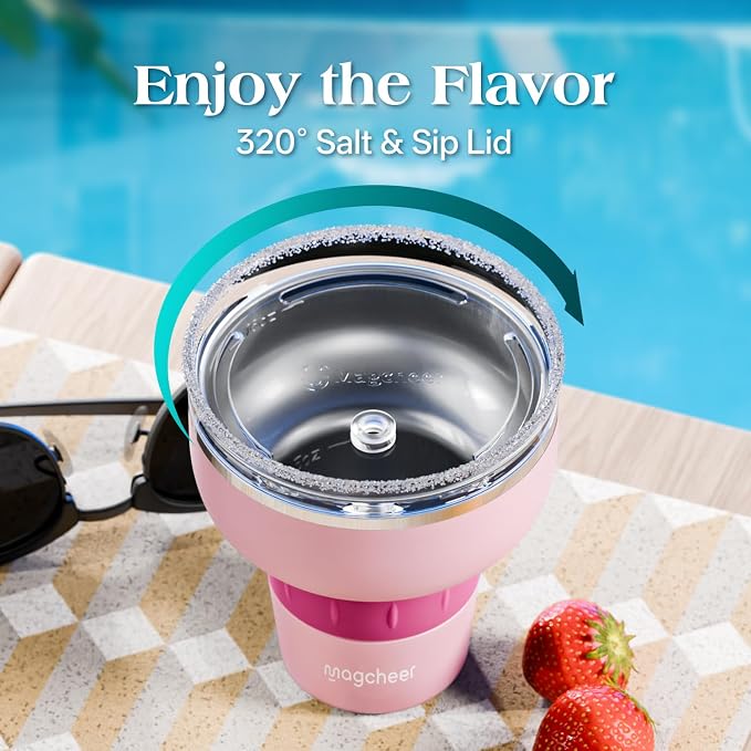 16 oz Cocktail Tumbler with Lid and Straw - Stainless Steel Insulated Margarita Tumbler - 320° Sippable Stemless Wine Cup for Party | Pink