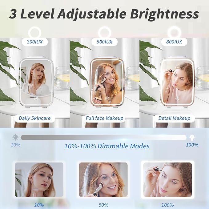 OSTBA Skincare Fridge Mini Fridge for Bedroom with Dimmable LED Mirror, 4Liter/6 Cans Cooler and Warmer for Makeup, Cosmetic, Beauty, Portable Refrigerator for Bedroom, Vanity, Office and Car