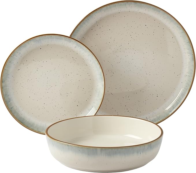 Tabletops Gallery Speckled Farmhouse Collection- Stoneware Dishes Service for 4 Dinner Salad Appetizer Dessert Plate Bowls, 12 Piece Hanover Dinnerware Set in Teal
