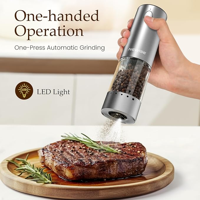 Newise Electric Salt and Pepper Grinder Set - Rechargeable Stainless Steel Salt and Pepper Shakers with LED Lights, Adjustable Coarseness, Large Capacity, Gifts for Women