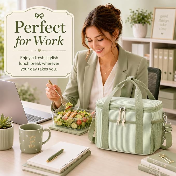 BTOOP Insulated Lunch Box for Women, Cute Corduroy Lunch Bag with Shoulder Strap, Leakproof Wide-Open Lunch Tote for Work, Office, School, Picnic, Green White Stripes