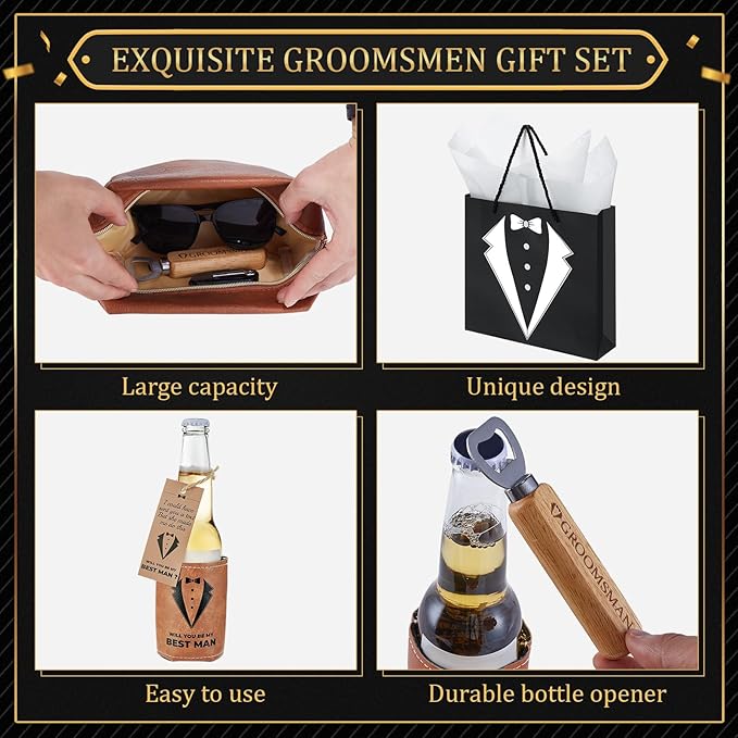50Pcs Groomsmen Gifts Groomsmen Proposal Box with Shot Glasses Socks Sunglasses PU Leather Toiletry Bag Bottle Opener Can Cooler Groomsman Gifts for Wedding Groomsmen Best Man Gift (50, Brown)