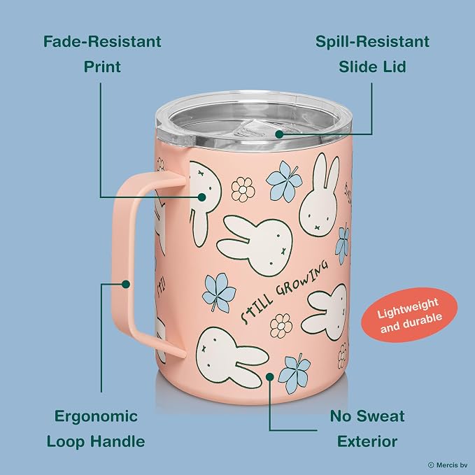 Dragon Glassware | Miffy Stainless Steel Camp Mug with Lid, 12 oz - Pink | Nijntje Insulated Camping Mug For Coffee, Tea, Matcha & Hot Beverages; Miff Mug with Lid