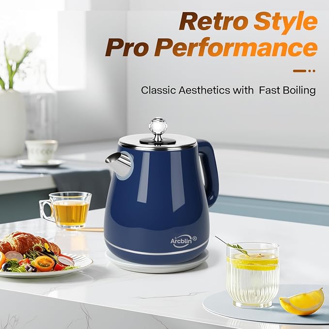 Vintage Electric Kettle 1.8L, Stainless Steel Electric Hot Water Kettle for Boiling Water, 1350W Fast Boil, BPA Free, Electric Tea Kettles Automatic Shut Off, Boil-Dry Protection, Navy Blue