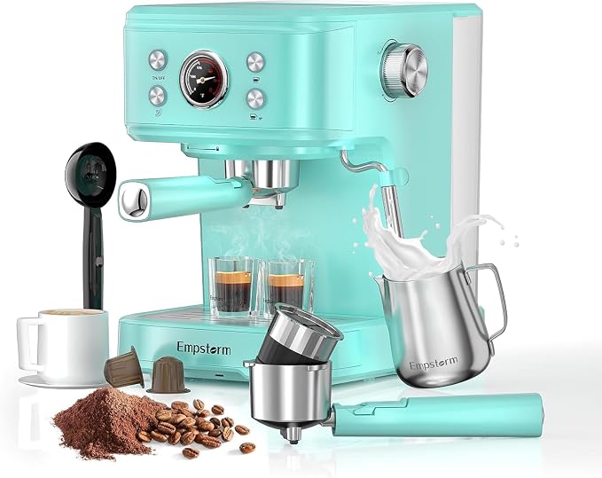 Empstorm EM-04E 20Bar Espresso Machine with Milk Frother Steam 1100W TBlue | 2 IN 1Wand Compatible NS Original Capsules Professional Latte Coffee Makers Cappuccino Machine for Home Brewing
