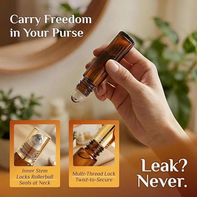 PrettyCare 24 Pack, 10 ml Essential Oil Roller Bottles with Stainless Steel Roller Ball - Refillable Leak-proof Empty Thick Amber Glass Roll on Bottles with Metal Caps for Travel, Perfume