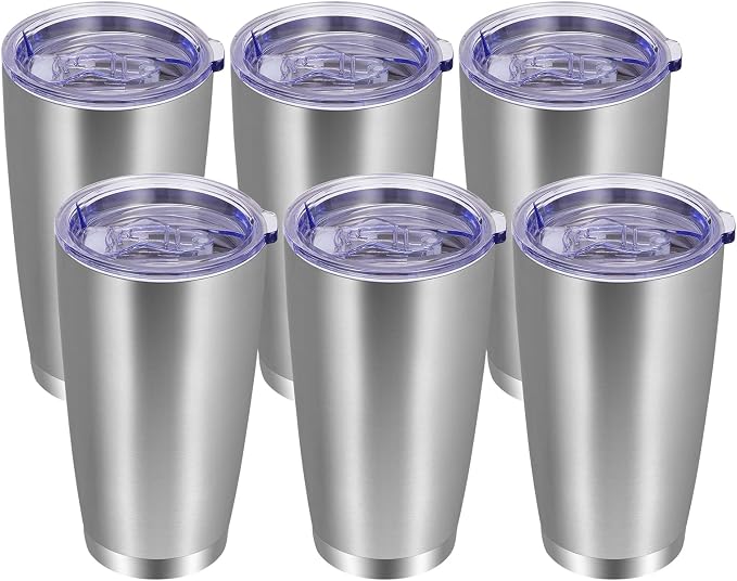 VEGOND 20oz Tumbler with Lid and Straw Stainless Steel Tumbler Cup Bulk Vacuum Insulated Double Wall Travel Coffee Mug Powder Coated Coffee Cup, Stainless, 6 Pack