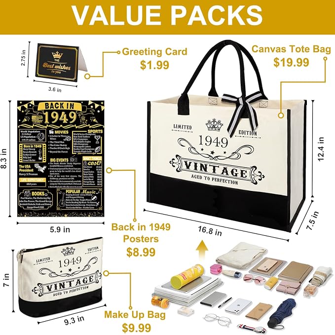 YeohJoy 77th Birthday Gifts for Women Canvas Tote Bag Travel Gear, Unique 77 Years Old Birthday Gifts for Mom Aunt Friends Wife Sister Her, Vintage 1949 Handbag & Cosmetic Bag & Back in 1949 Poster