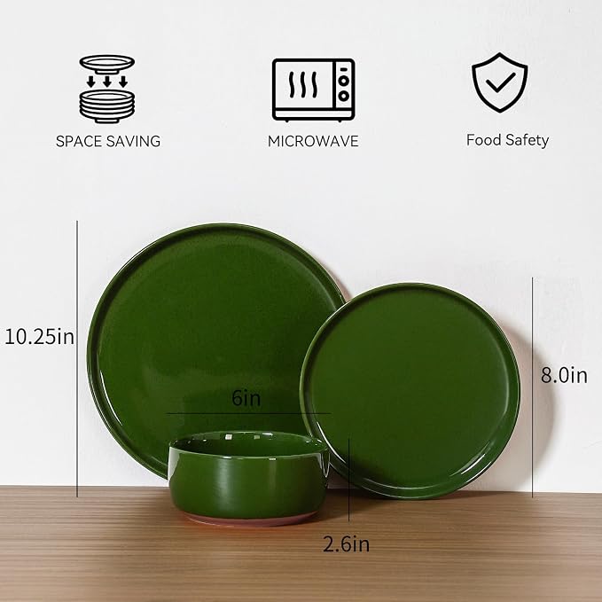 GZG Modern Art Series - 6 Pcs Speckled Stoneware Plates and Bowls Sets, Ceramic Dinnerware Set with Rustic Terracotta Underside, Microwave and Dishwasher Safe Handcrafted Dishes Set - Verdant Green
