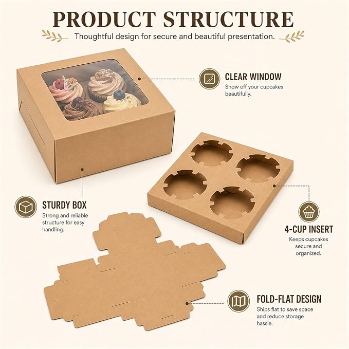 QTLCOHD 100Pcs Cupcake Boxes 4 Count with Window 6x6x3 Inch | Cupcake Containers Brown Cupcake Box Bulk for Cupcakes Muffins Cookies Pastries