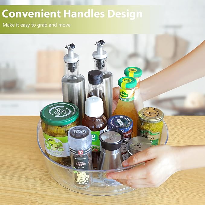 GUZON 2 Pack Lazy Susan Organizer for Cabinet, Upgraded 11.5" Clear Lazy Susan Turntable with Handles and Raised Edge, Rotating Spice Storage for Kitchen, Pantry, Refrigerator, Bathroom, Table