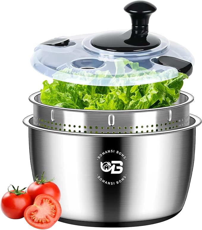 5.3 Qt Stainless Steel Salad Spinner, BOMANSI BOMS Vegetable Spinners, Lettuce Spinner, Fruit Washer, Large Salad Spinners, Dishwasher Safe, 304 Stainless Steel Bowl & Basket