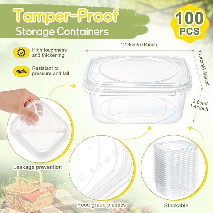 100 Pack 8 oz Deli Containers with Lids, Tamper Proof Leak Resistant Clear Plastic Food Storage Containers, Airtight Meal Prep Container for Soup Salad Tiramisu, Microwave & Dishwasher Safe