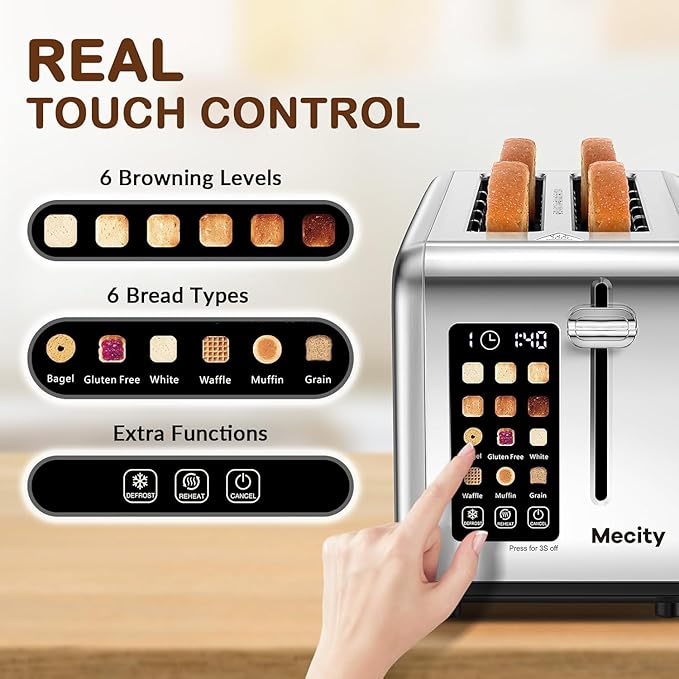 Mecity Touchscreen Toaster, 2 Long Slots for 4 Slices, Digital Bread & Browning Control, Stainless Steel Slim Toaster with Bagel, Gluten-Free, Defrost & Reheat, 120V, 1400W
