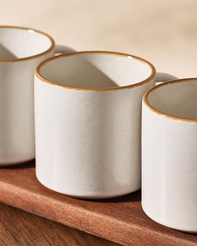 famiware Coffee Mugs Set of 6 Nebula 14oz Coffee Mugs, Ceramic Cup Set with Handle for Latte, Tea, Milk, Cappuccino, Cocoa, Matte Beige White with Brown Rim