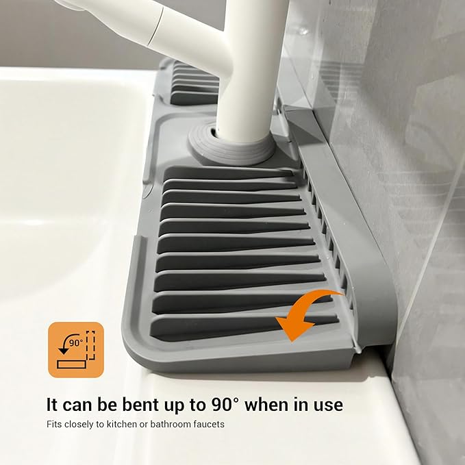 ZJWZLG Faucet Mat for Kitchen Sink, 17.7"X5.5" Silicone Sink Splash Guard with Soap Holder, Snap-On Design & 7°slope Fast Drain, Folding Sink Faucet Mat for Universal Kitchen Bathroom Sink（Grey）