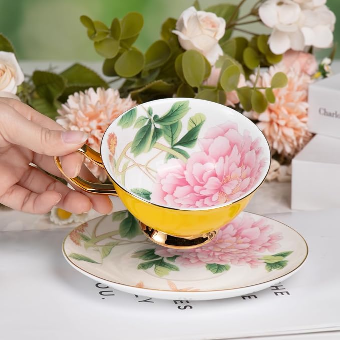 KAMMAK Tea Cups and Saucers Set of 2, Porcelain Coffee Cups, Stackable Espresso Mugs, Ceramic Demitasse for Coffee, Cappuccino, Latte, Americano, Tea, Peony + Hydrangea