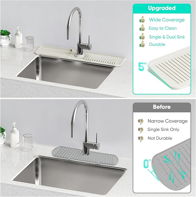 24'' Faucet Mat for Kitchen Sink [5°Slope Fast Self-draining] Faucet Mat Kitchen Sink Splash Guard Silicone Sink Faucet Mat Splash Guard Kitchen Sink Area Tidy Splash Faucet Guard Draining Mat-Beige