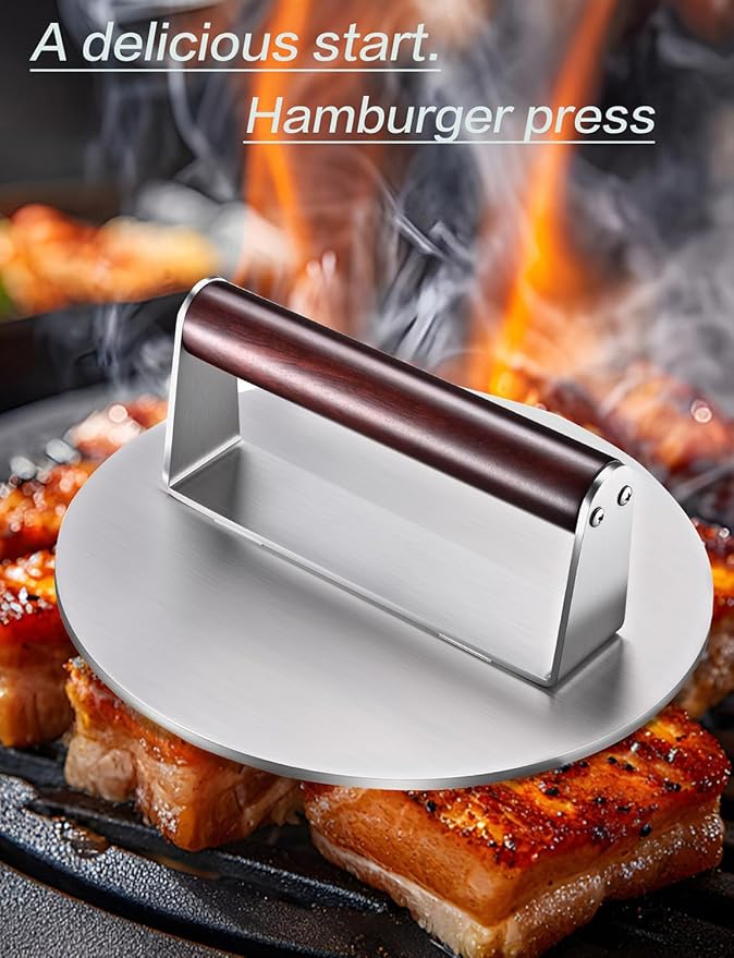 Heavy Duty 2.5 lb Stainless Steel Burger Press – 8.5 Inch Smash Burger Press Hamburger & Bacon Press for Steak, Meat, Flat Top Grill & BBQ, Polished Smooth Base Hamburger Smasher with Wooden Handle