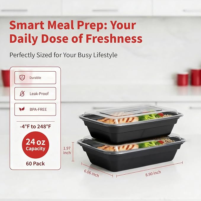 60 Pack Meal Prep Containers with Lids,24 oz,Reusable,To Go | Take Out,Food Storage,Disposable Plastic Lunch Boxes,Sturdy,Freezer,Microwave,Dishwasher Safe,Stackable,Leak-proof