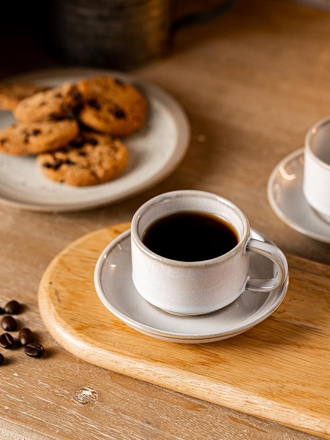 Gomakren 2.5 Ounce Espresso Cups Set of 4, Small Stackable Coffee Cups with Saucers and Metal Stand Father's Day Porcelain Demitasse Cups for Specialty Coffee Drinks, Cappuccino, Latte, White
