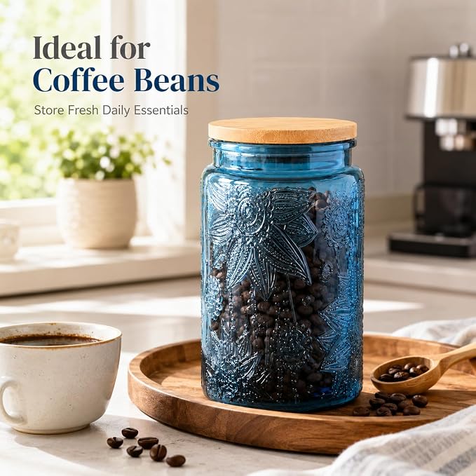 ANSQU 34oz Blue Glass Container, Candy Jar with Lid, Vintage Colored Mason Jars for Kitchen Decorative Jar for Coffee Tea Candy Cookies, Cute Jar (Blue, 1 Pack)