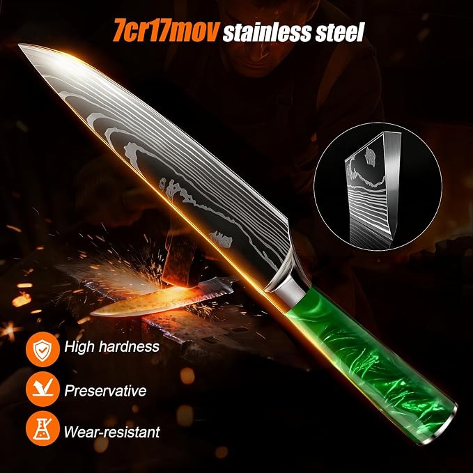 8-Piece Premium Japanese Kitchen Knife Set - Star Collection, Laser Damascus Pattern, 440A Stainless Steel Ultra Sharp for Fast Cutting (Green 8J)