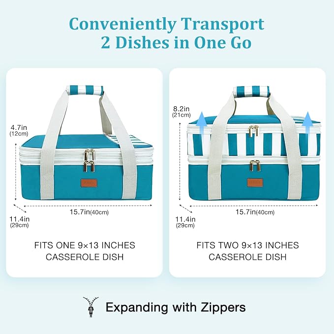Expandable Casserole Carrier Bag - Double Decker Food Bag, Insulated Casserole Carrier for Hot or Cold Food, Lasagna Holder Tote for Picnics,Beaches,Traveling or Gifts