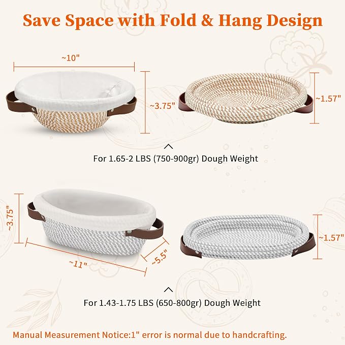 Aliggbent 38Pcs Sourdough Bread Baking Supplies – 11'' Oval & 10'' Round Cotton Rope Banneton Bread Proofing Baskets with Liners & Covers, Sourdough Starter Jar Kit, Scale, Bags & Bread Making Tools