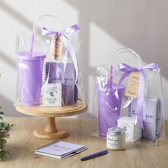 Nuogo 6 Sets New Parent Shower Prizes for Player Winners Adult, Wedding Bridal Shower Gift, Plastic Tumbler Notebook Scented Candle Ballpoint Pen Bag (Purple Color,Classic Style)