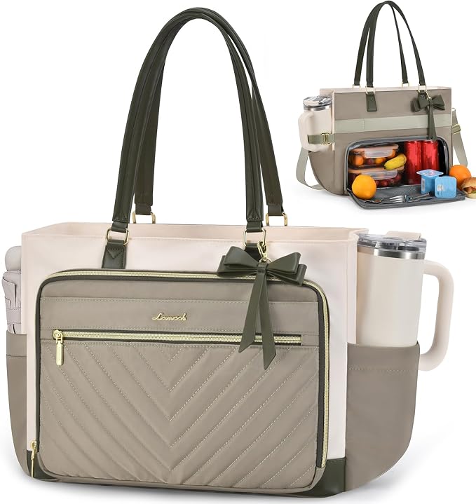 LOVEVOOK Lunch Tote Bag for Women, Insulated Lunch Bag with Laptop Compartment & Large Cup Holder, Teacher Tote Bag with Zipper, Handbag Insulated Bag Leakproof for Work, Nurse, Office, 17.3 Inch