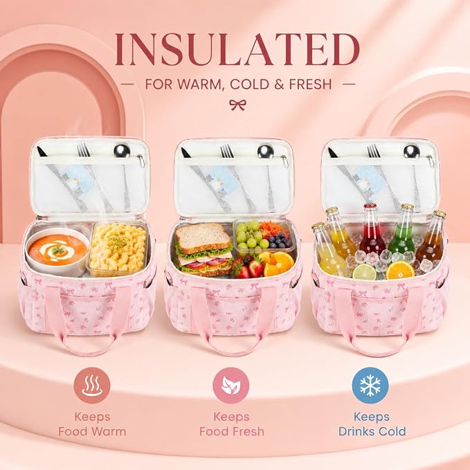 BTOOP Insulated Lunch Box for Women, Cute Corduroy Lunch Bag with Shoulder Strap, Leakproof Wide-Open Lunch Tote for Work, Office, School, Picnic Bow-Floral Pink-1