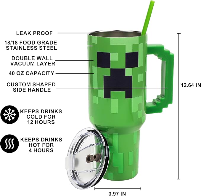 Bioworld Minecraft Creeper Ultimate 40 Oz. Stainless Steel Tumbler With Pixelated Handle