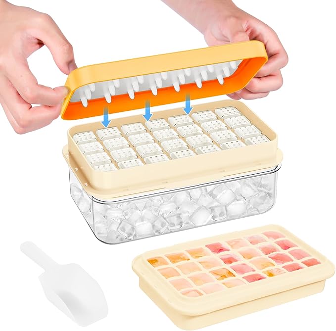 Ice Cube Tray with Lid and Bin, 28 pcs Ice Cubes Molds, Ice Trays for Freezer, Ice Cube Tray Mold, with 1 tray, Ice Freezer Container, Spill-Resistant Removable Lid & Ice Scoop, for Whiskey,Cocktail