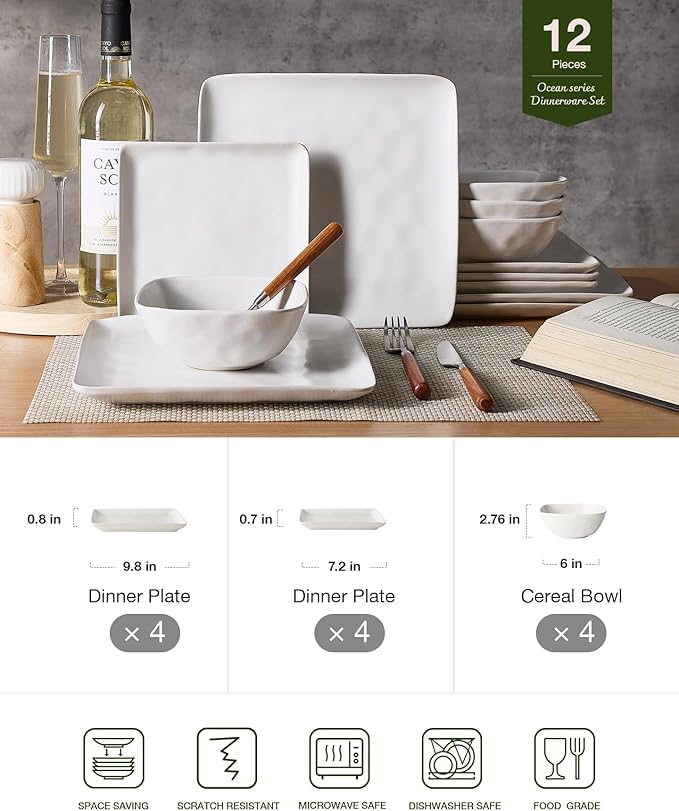 Famiware Stoneware Dinnerware Sets for 4, Ocean Square 12-Piece Kitchen Plates and Bowls Sets, Microwave and Dishwasher Safe, Scratch Resistant, Matte White