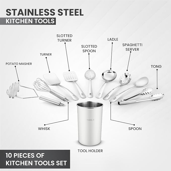 Avador® Premium Set of 10 Stainless Steel (WHITE HOLDER) Kitchen Tool Set with Holder Easy To Clean, Space Saving, Great for Cooking, Baking, Prepping (WHITE)