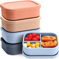 Honeydak 4 Pcs Silicone Bento Box for Adults, 3 Compartment Lunchable Food Container for Women Men, Leak Proof Microwave Dishwasher Freezer Safe (Grey,Blue,Khaki,Orange)