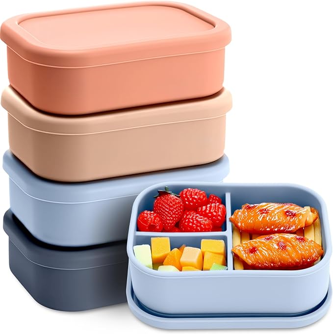 Honeydak 4 Pcs Silicone Bento Box for Adults, 3 Compartment Lunchable Food Container for Women Men, Leak Proof Microwave Dishwasher Freezer Safe (Grey,Blue,Khaki,Orange)